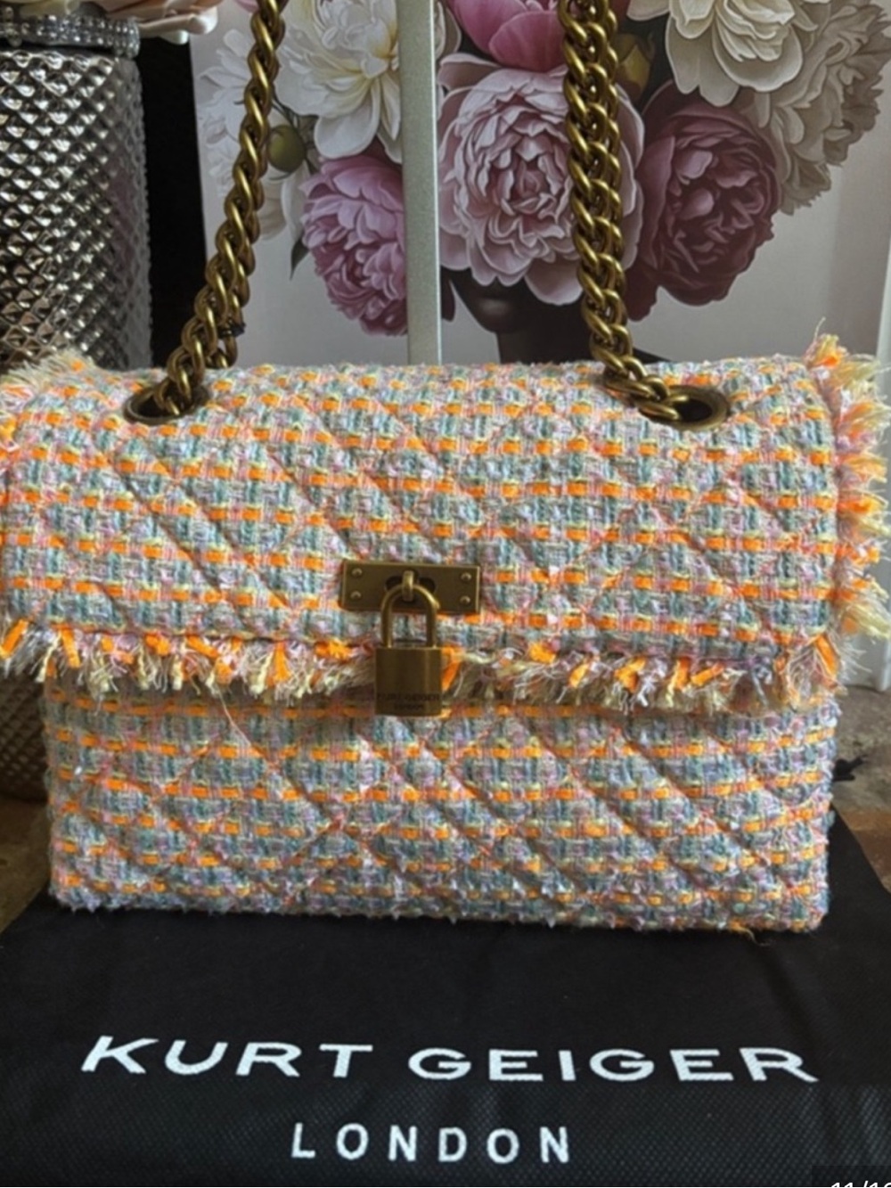 Kurt Geiger Brixton Tweed Orange multi color Chain Shoulder Bag NWT